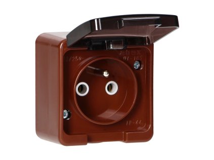 Priză aplicată simplă 2P+E, rezistentă la stropire cu capac fumuriu, IP44, SMART, maro