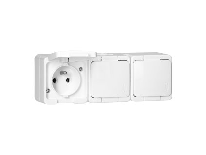 Priză triplă aplicată 3x2P+E, rezistentă la stropire cu capac, IP44, SMART, albă