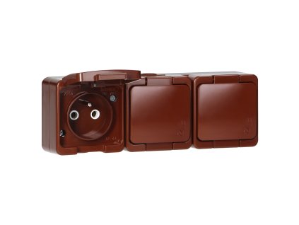 Priză triplă aplicată 3x2P+E, protejată împotriva stropirii cu capac, IP44, SMART, maro