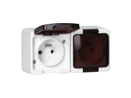 Priză dublă aplicată 2x2P+E, rezistentă la stropire cu capac, IP44, SMART, albă