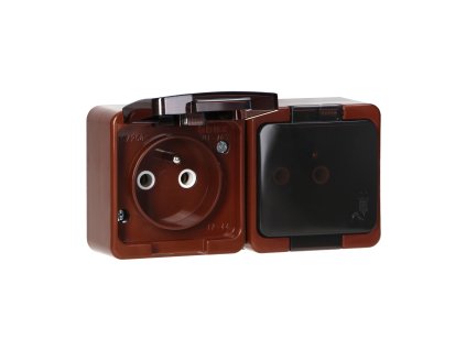 Priză dublă aplicată 2x2P+E, rezistentă la stropire cu capac, IP44, SMART, maro