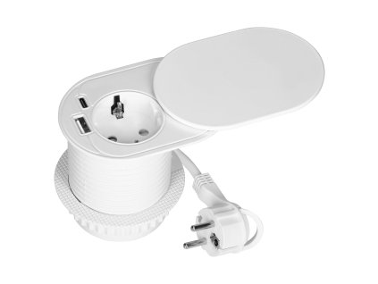 Priză de mobilier cu încărcător USB și capac glisant, cablu de 1,9m, 1x2P+E (Schuko), 2xUSB (tip A+C; PD20W), albă