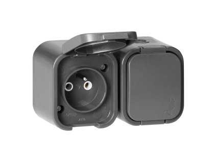 Priză dublă aplicată 2x2P+E, rezistentă la stropire cu capac B2, IP54, NT-6B2, gri