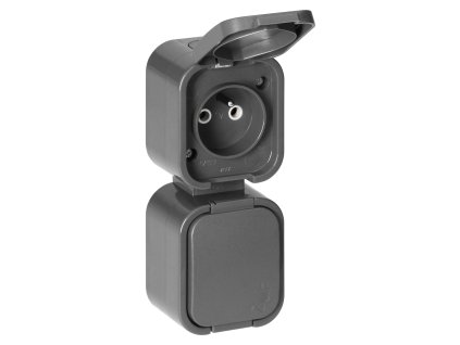 Priză dublă aplicată 2x2P+E, rezistentă la apă cu capac, verticală B2, IP54, NT-6B2/P, gri