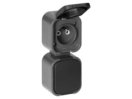 Priză dublă aplicată 2x2P+E, rezistentă la stropire cu capac, verticală B2, IP54, NT-6B2/P, gri/negru