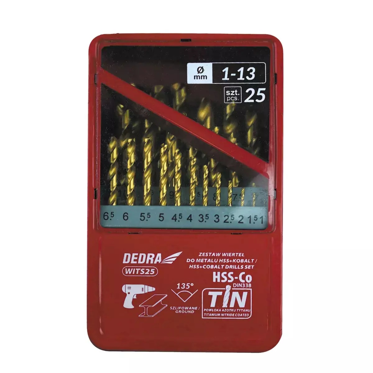 DEDRA-EXIM Set 25 burghie pentru metal HSS + cobalt + TiN, 135° WITS25