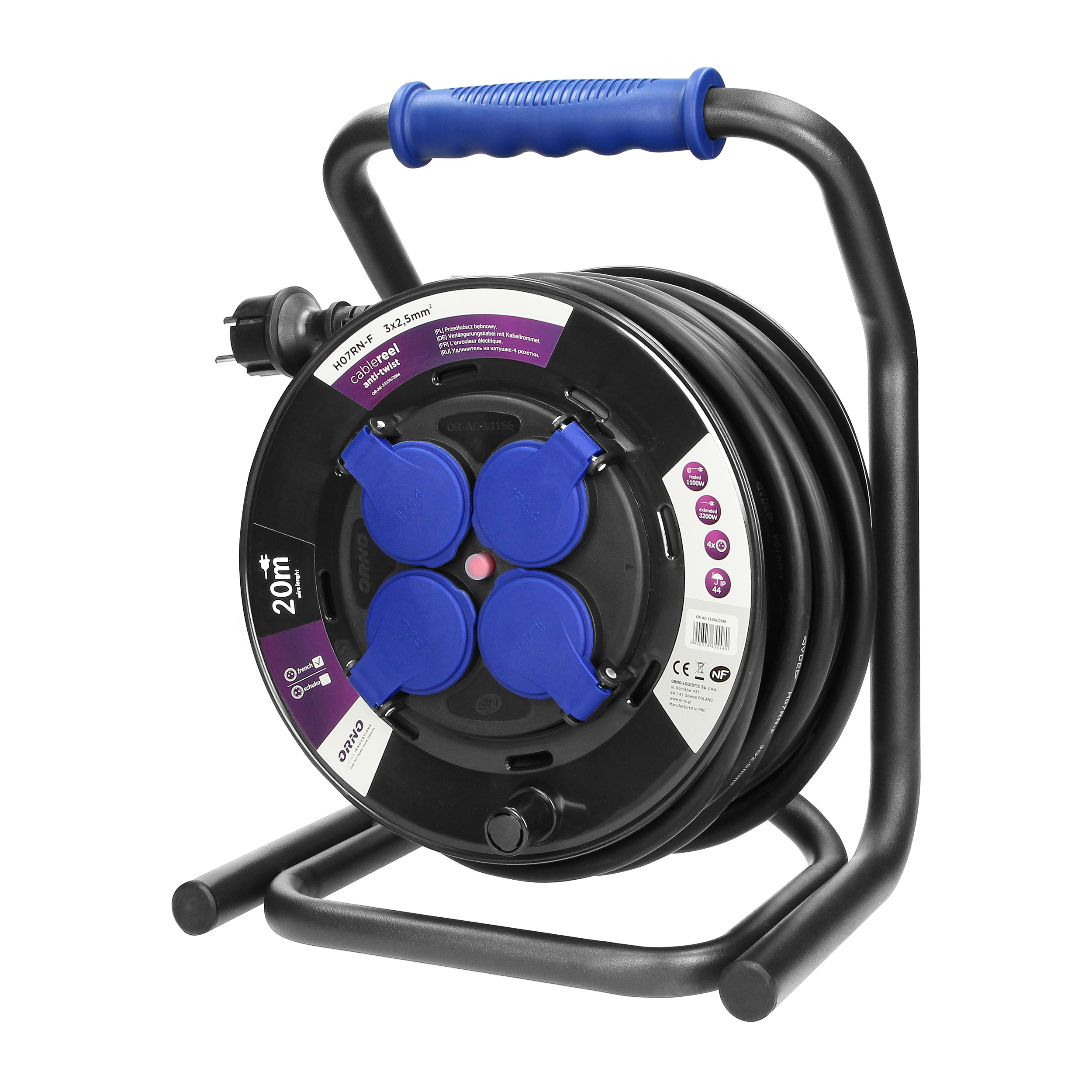 Orno Tambur de cablu extensibil 20m, 4 prize IP44