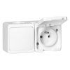 Priză aplicată simplă 2P+E cu capac + comutator unipolar, IP44, SMART, albă