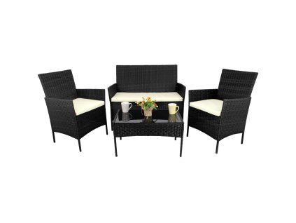Komplet ratan pohištva (sedežna garnitura, 2 fotelja, miza) črna + kremna.