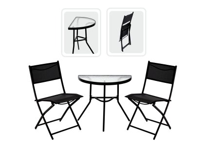 BAKONSKI SET ZA NA TERASO - POLKROGAST DOSTOL + 2 ZLOŽLJIVI STOLI - ČRN *7132