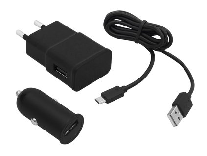 Omrežni polnilnik +samostojen USB2,1A + kabel, microUSB