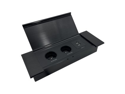 Vgradna vtičnica za pohištvo z ravnim mletim robom, nagibnim pokrovom, USB polnilcem in 1,5 m kablom, 2x2P+E (Schuko), 2xUSB (tipa A+C; 3,6A), črna
