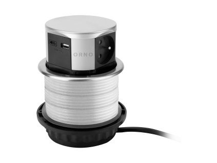 Navpična namizna vtičnica z USB polnilnikom ?10cm, 1,5m kabel, 3x2P+E (francoski), 2xUSB (tip A+C; max. 3A), srebrna