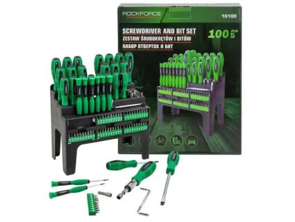 ROCKFORCE Komplet nastavljivih izvijačev s 100 BITI v stojalu