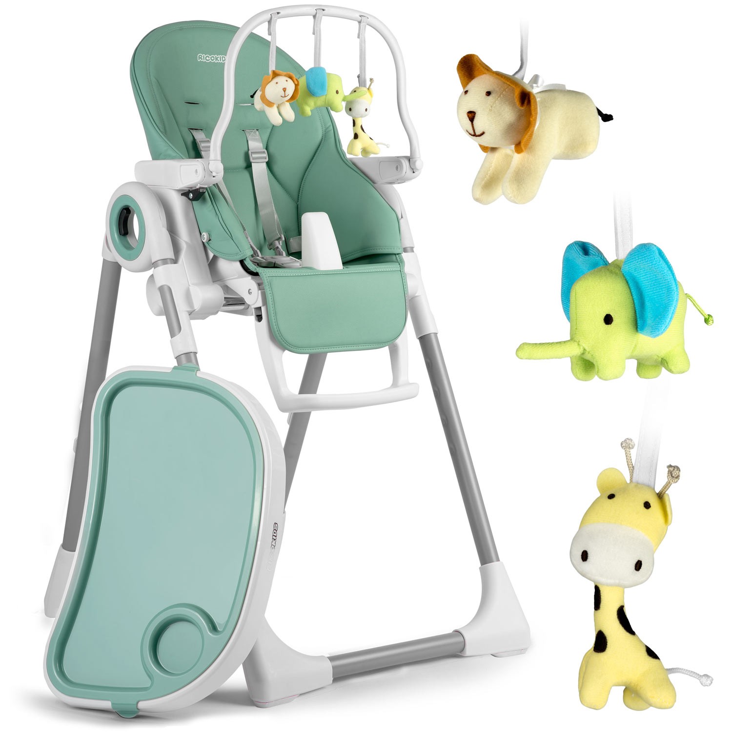 Ricokids Stolček za hranjenje s pladnjem, ležalnik Belo zeleno + lok