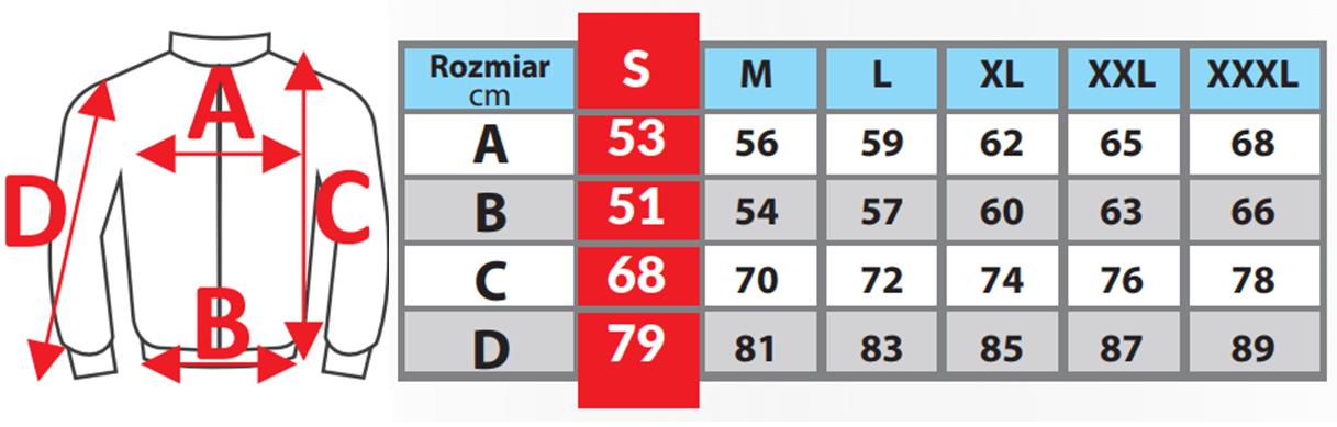 Size chart for DEDRA health and safety clothing