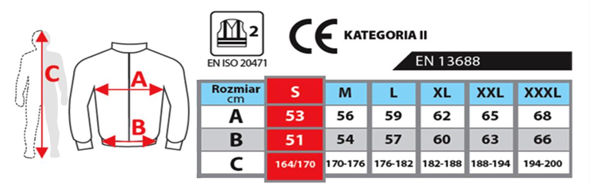 Size chart for DEDRA health and safety clothing