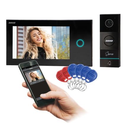 Súprava videovrátnika APPOS, viacfarebný LCD 7" monitor, RFID čítačka, funkcia otvárania brány, kompatibilný s aplikáciou pre smartfón, čierna