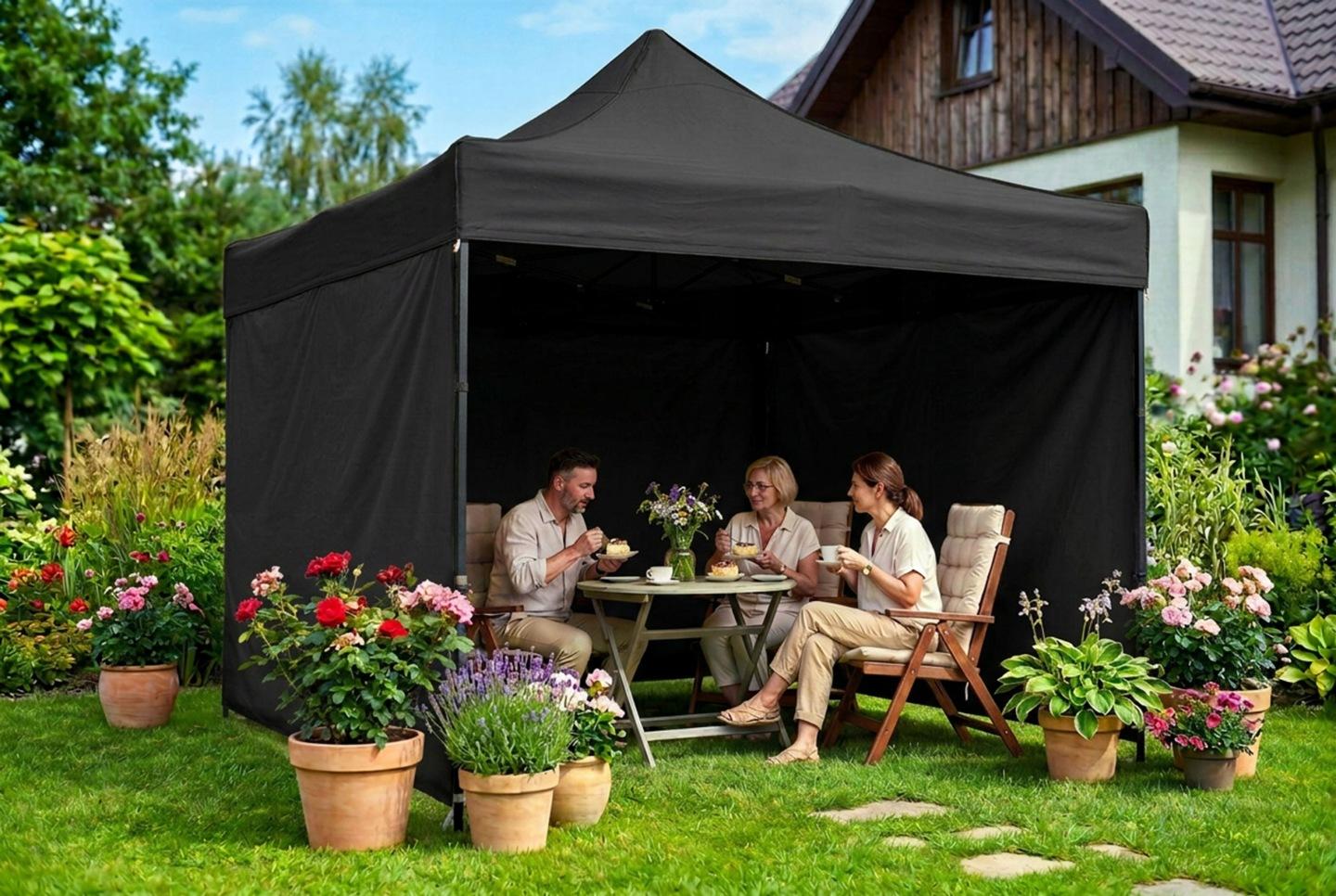 Detail produktu Skladací záhradný altánok 3 × 3 m s 3 bočnými stenami čierny J-430000
