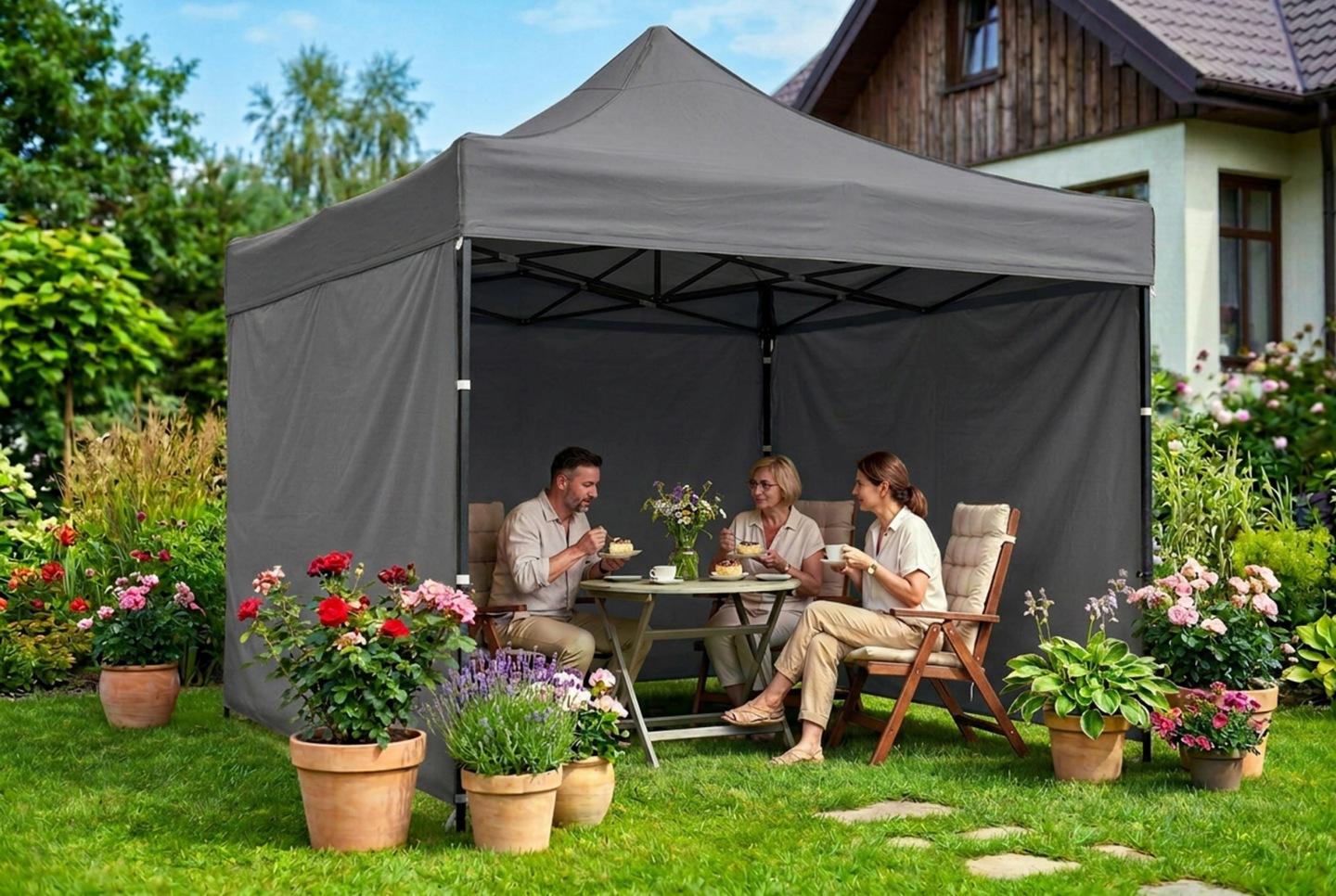 Detail produktu Záhradný párty stan 3 × 3 m s 3 bočnými stenami sivý J-430001