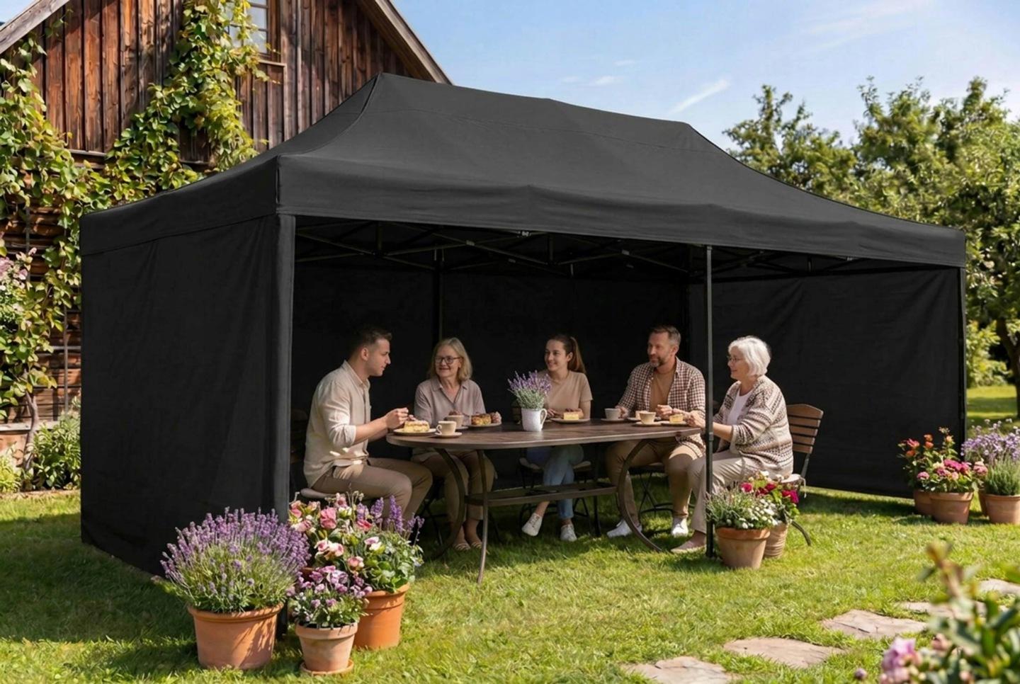 Záhradný altánok 3 × 6 m s 3 bočnicami čierny J-430100