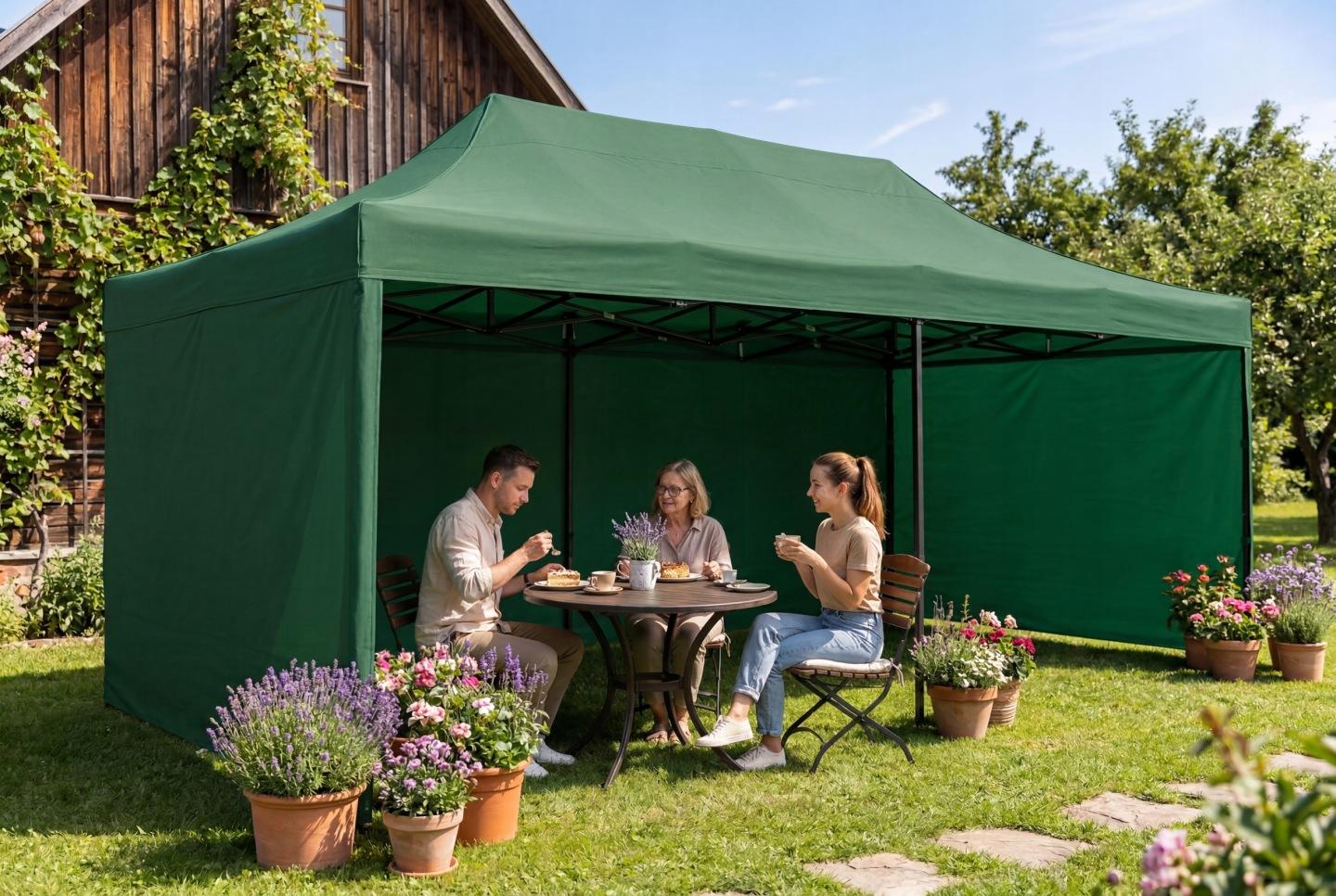 Detail produktu Párty stan 3 × 6 m s 3 bočnými stenami zelený J-430102