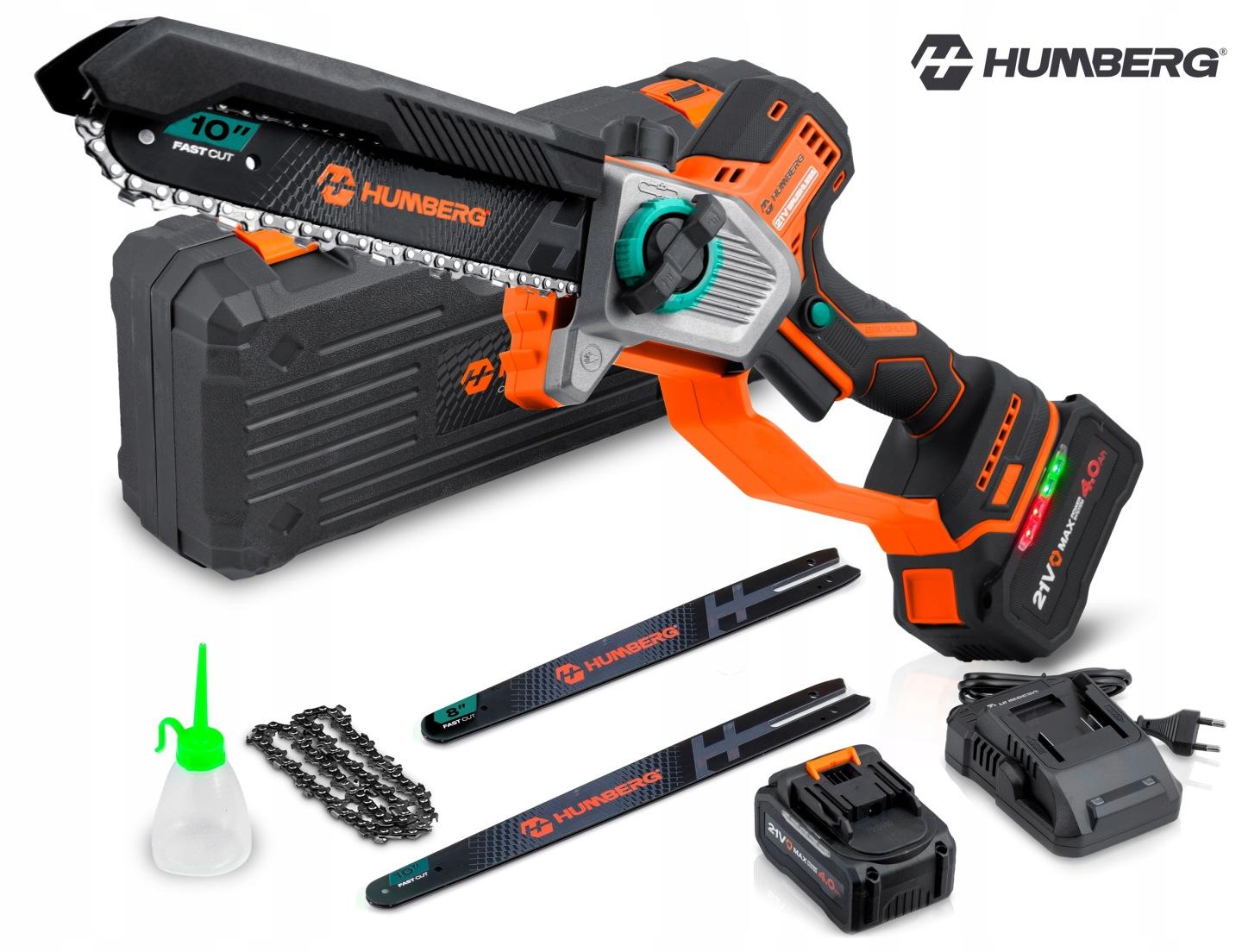 Akumulátorová reťazová píla na konáre Humberg HM-437 21 V 4 Ah, 8" a 10" lišta J-543701