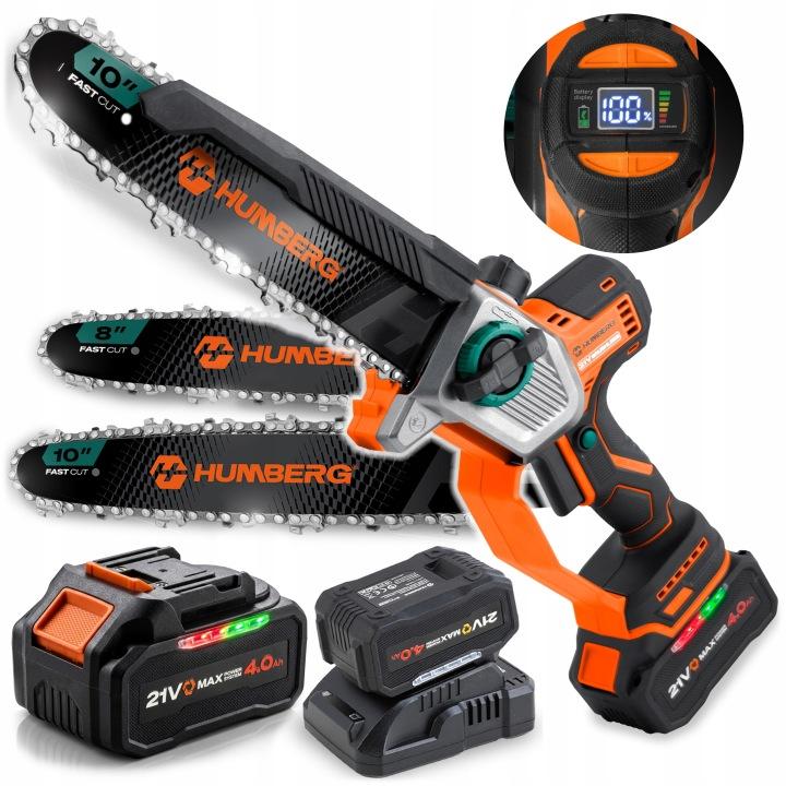 Detail produktu Akumulátorová reťazová píla na konáre Humberg HM-437 21 V 4 Ah, 8" a 10" lišta J-543701