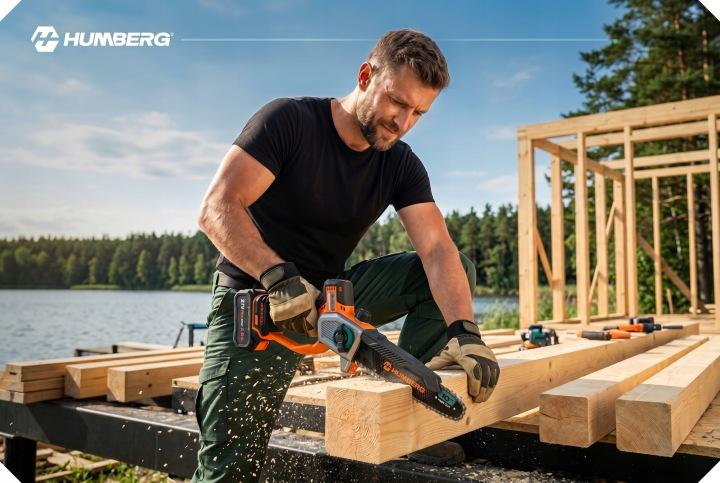 Detail produktu Akumulátorová reťazová píla na konáre Humberg HM-437 21 V 4 Ah, 8" a 10" lišta J-543701
