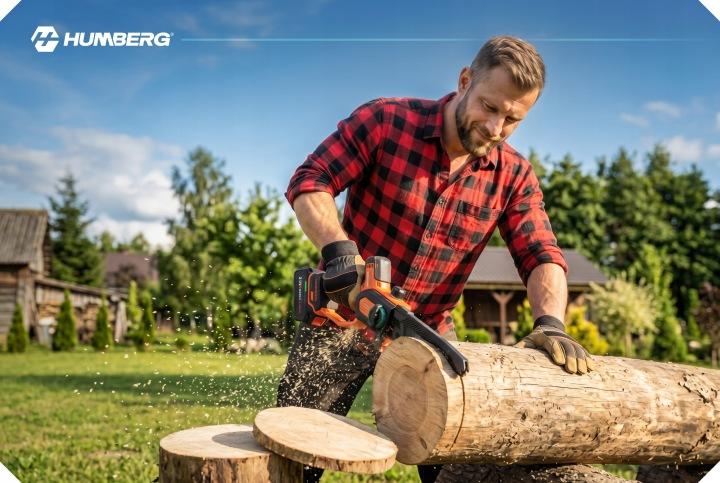 Detail produktu Akumulátorová reťazová píla na konáre Humberg HM-437 21 V 4 Ah, 8" a 10" lišta J-543701