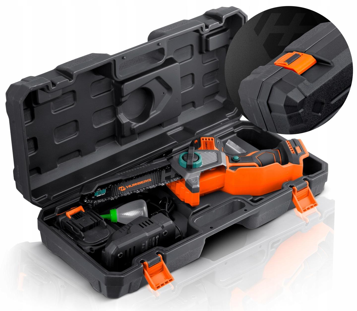Detail produktu Akumulátorová reťazová píla na konáre Humberg HM-437 21 V 4 Ah, 8" a 10" lišta J-543701