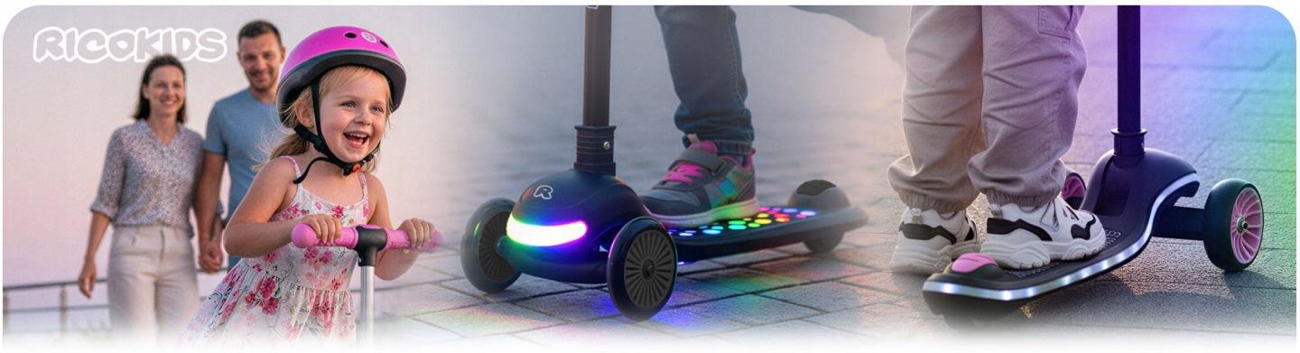 Detská 3-kolesová balančná kolobežka s LED svetlami Ricokids Glowi – čierna