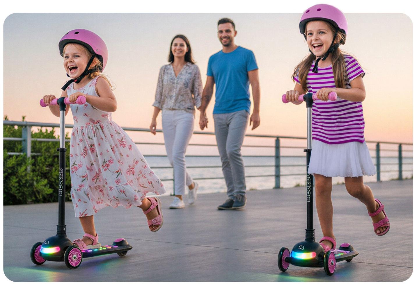 Detail produktu 14: Detská trojkolesová balančná kolobežka s LED svetlami Ricokids Glowi – čierno-ružová