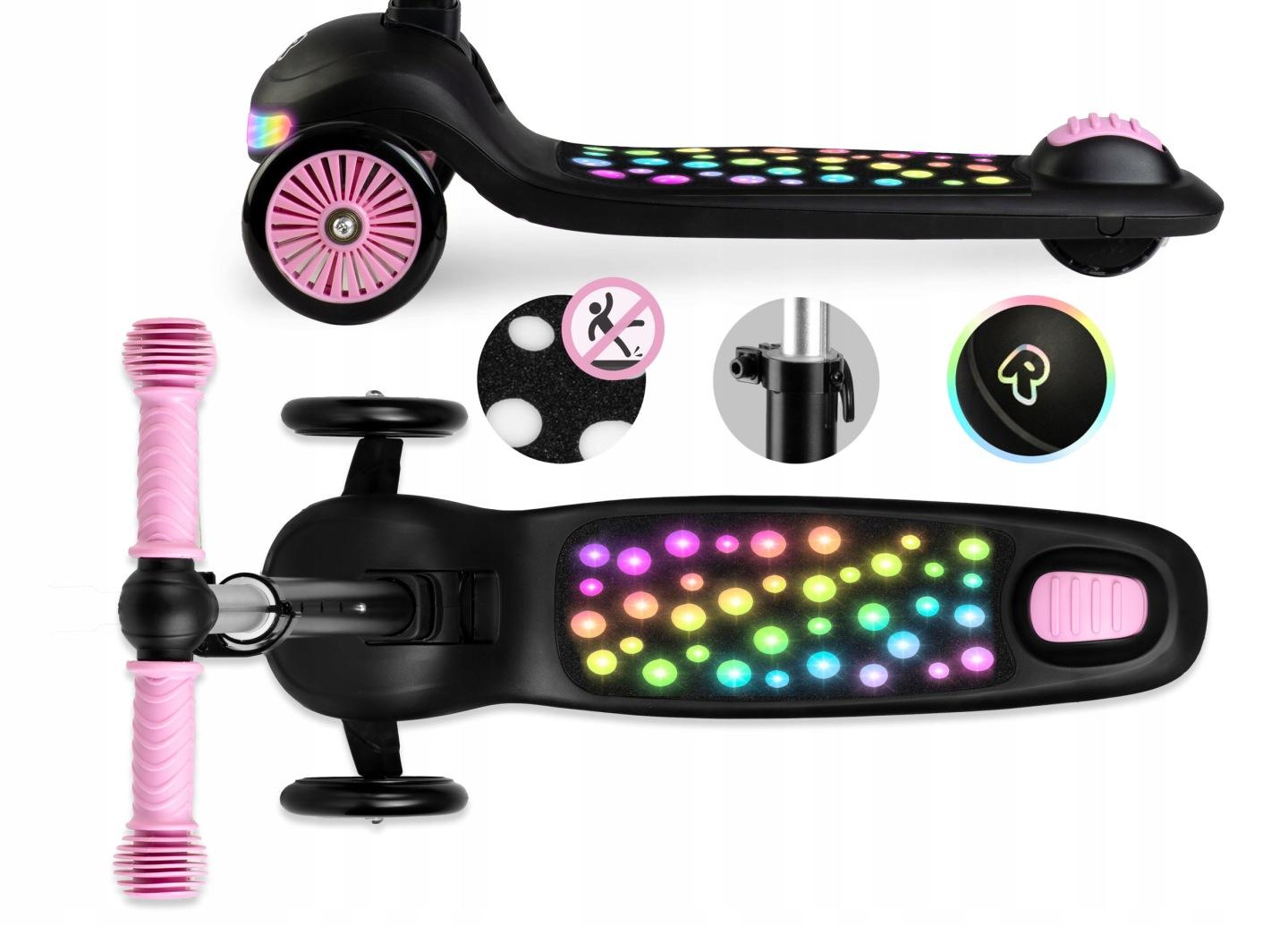 Detail produktu 4: Detská trojkolesová balančná kolobežka s LED svetlami Ricokids Glowi – čierno-ružová