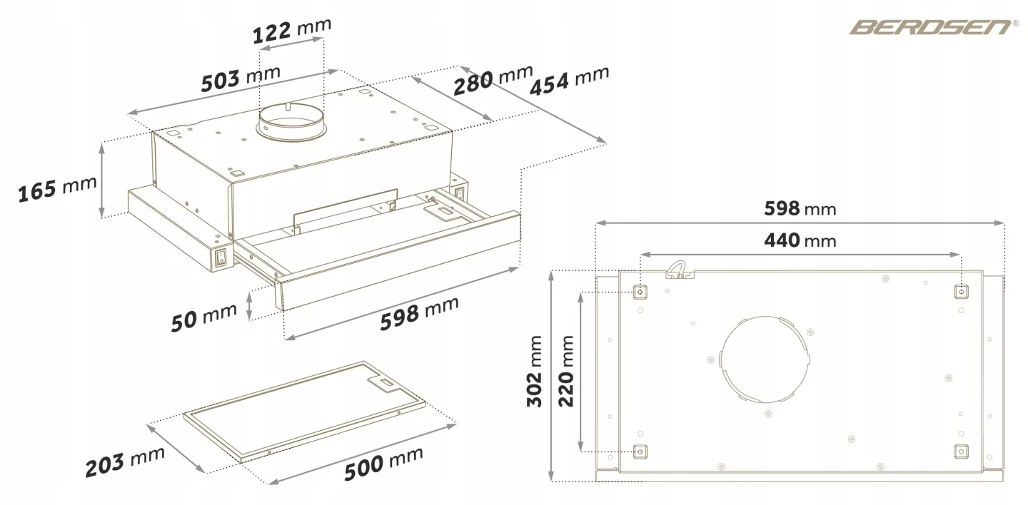 Detail produktu 21: Teleskopický podskrinkový kuchynský digestor 60 cm Berdsen BE-60-LW čierno-zlatý