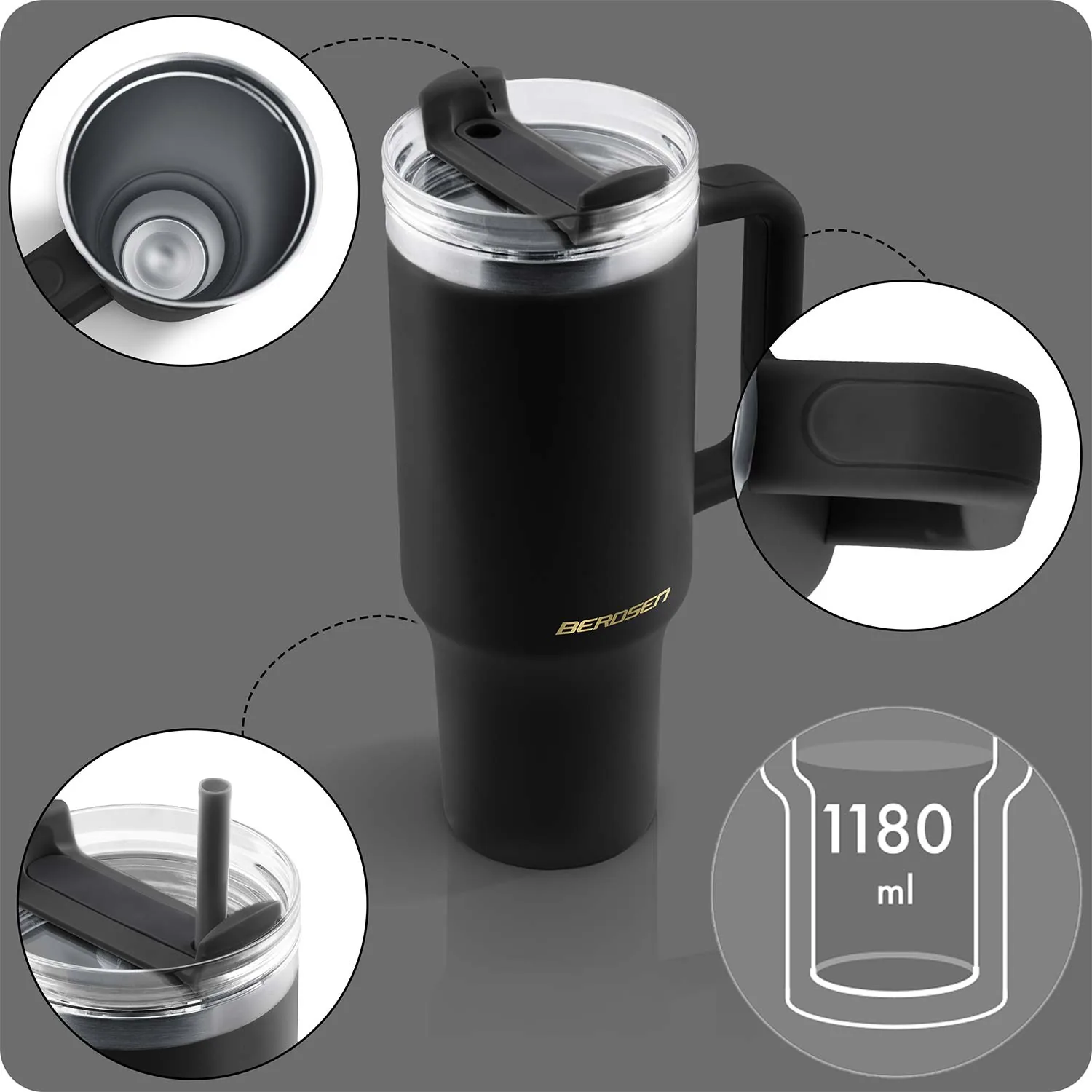 Detail produktu 12: Vákuový termohrnček so sadou slamiek 1180 ml Berdsen čierny