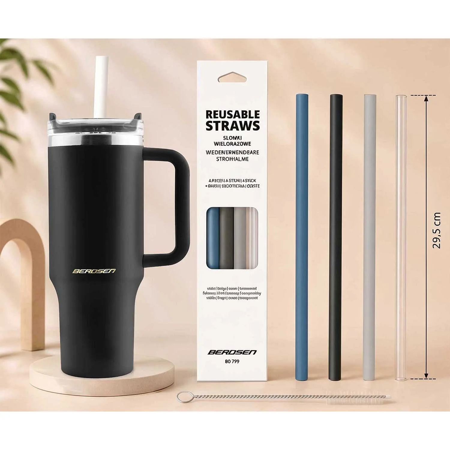 Detail produktu 15: Vákuový termohrnček so sadou slamiek 1180 ml Berdsen čierny