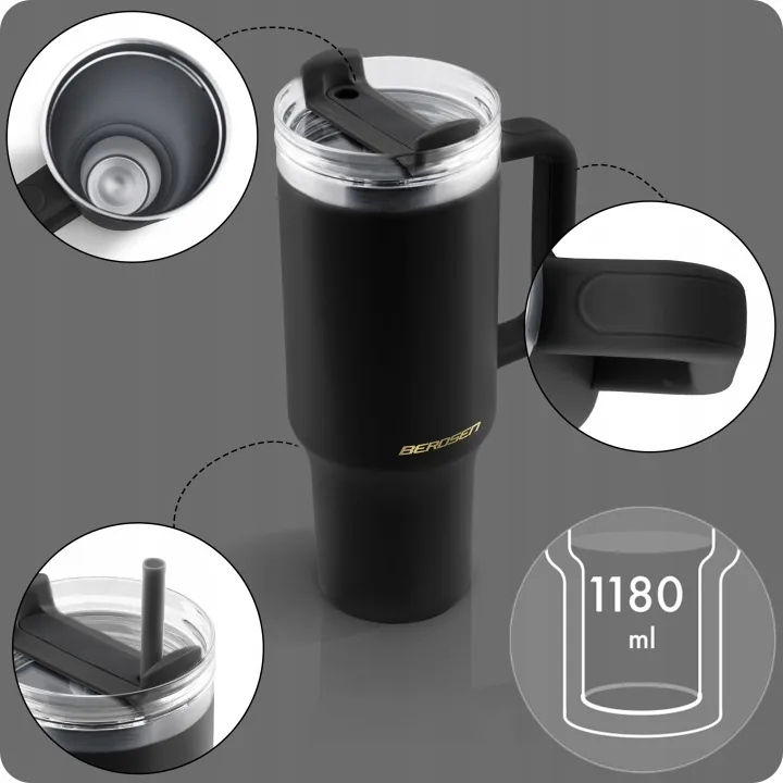 Detail produktu 5: Vákuový termohrnček so sadou slamiek 1180 ml Berdsen čierny