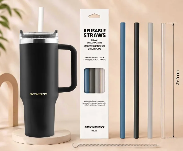 Detail produktu 4: Vákuový termohrnček so sadou slamiek 1180 ml Berdsen čierny
