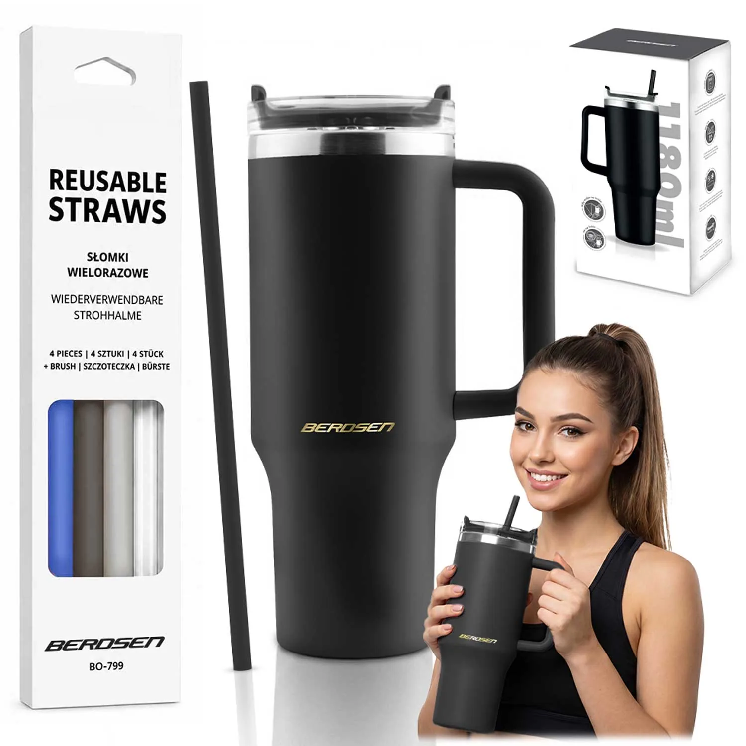 Vákuový termohrnček so sadou slamiek 1180 ml Berdsen čierny