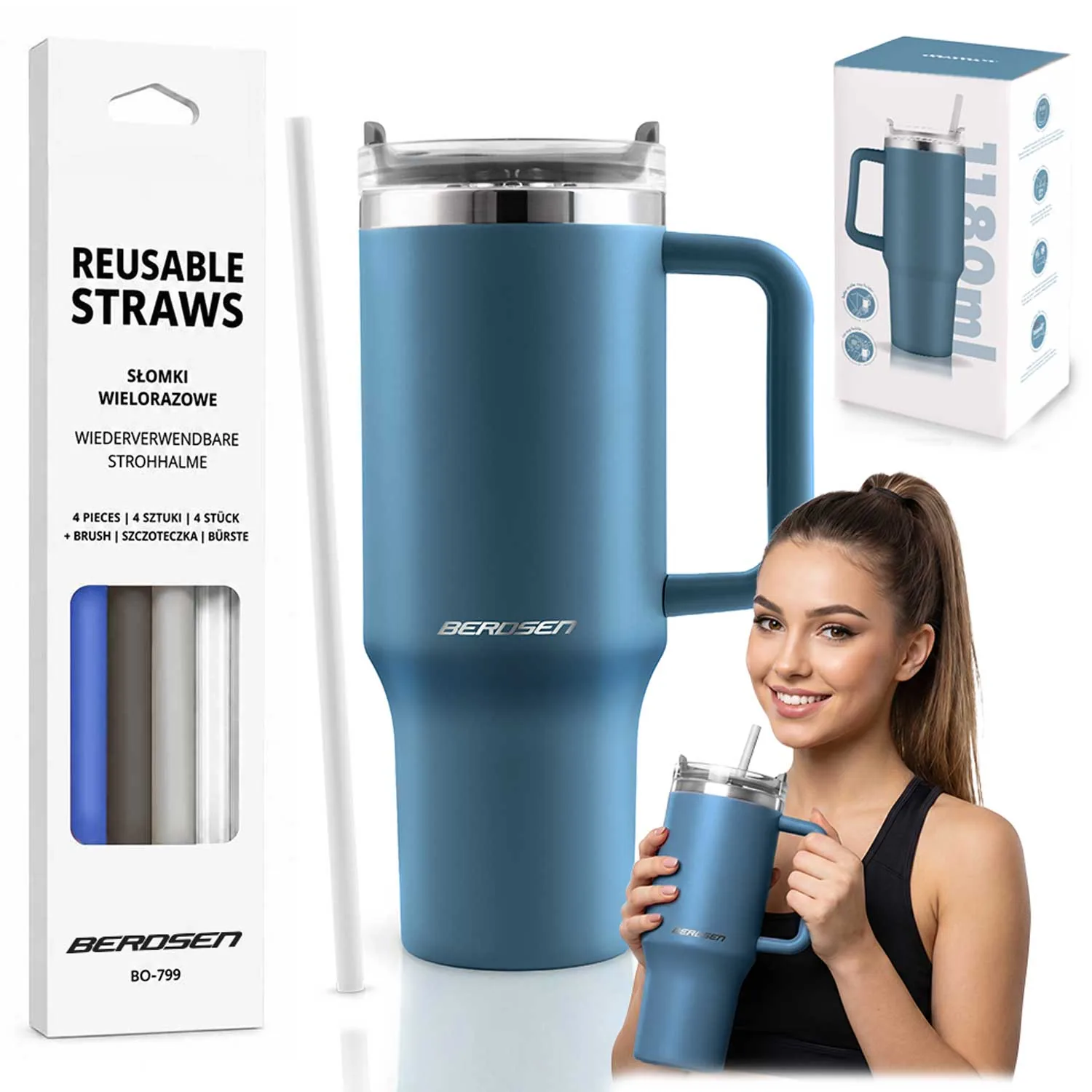 Vákuový termohrnček so súpravou slamiek 1180 ml Berdsen tmavomodrý