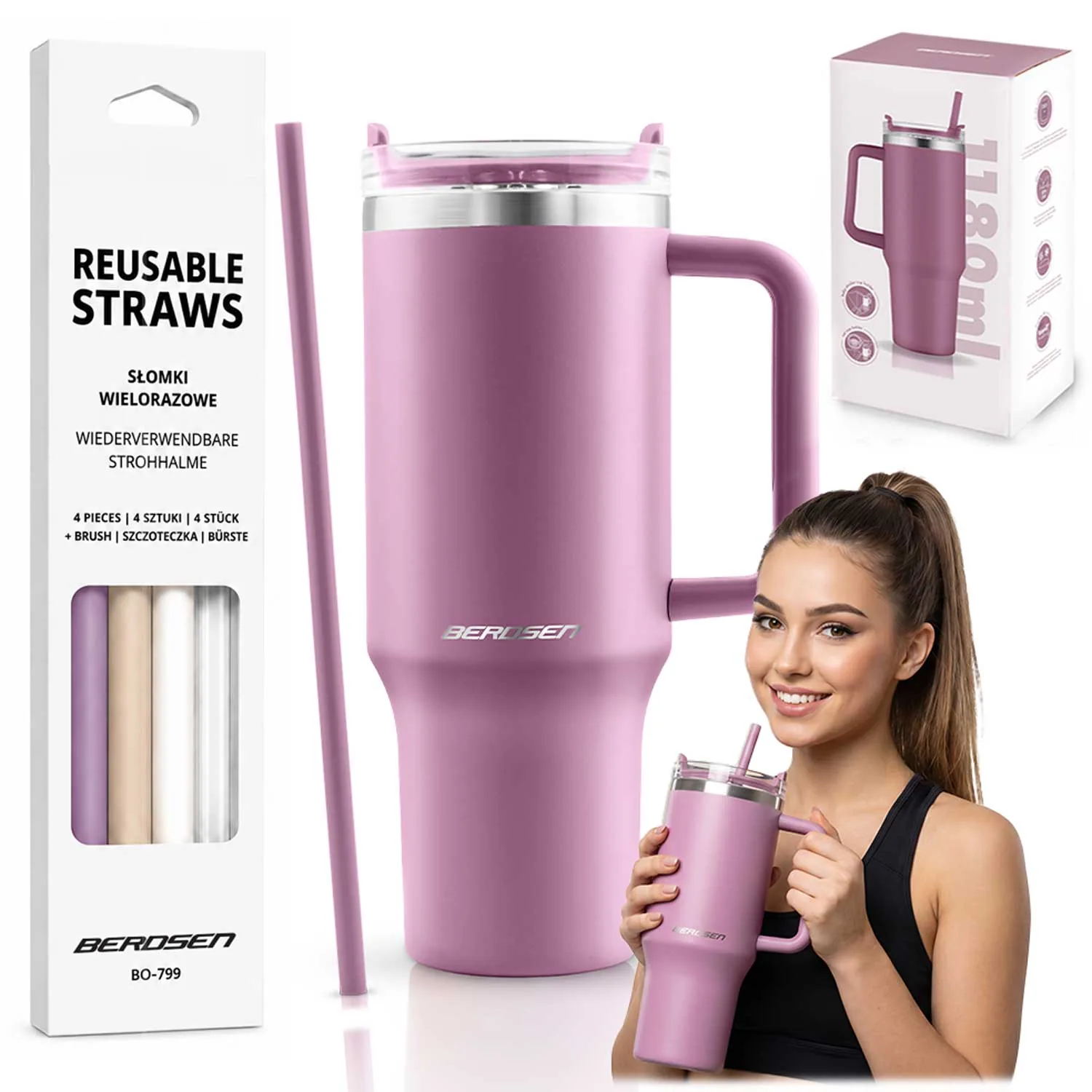 Vákuový termohrnček so sadou slamiek 1180 ml Berdsen ružový