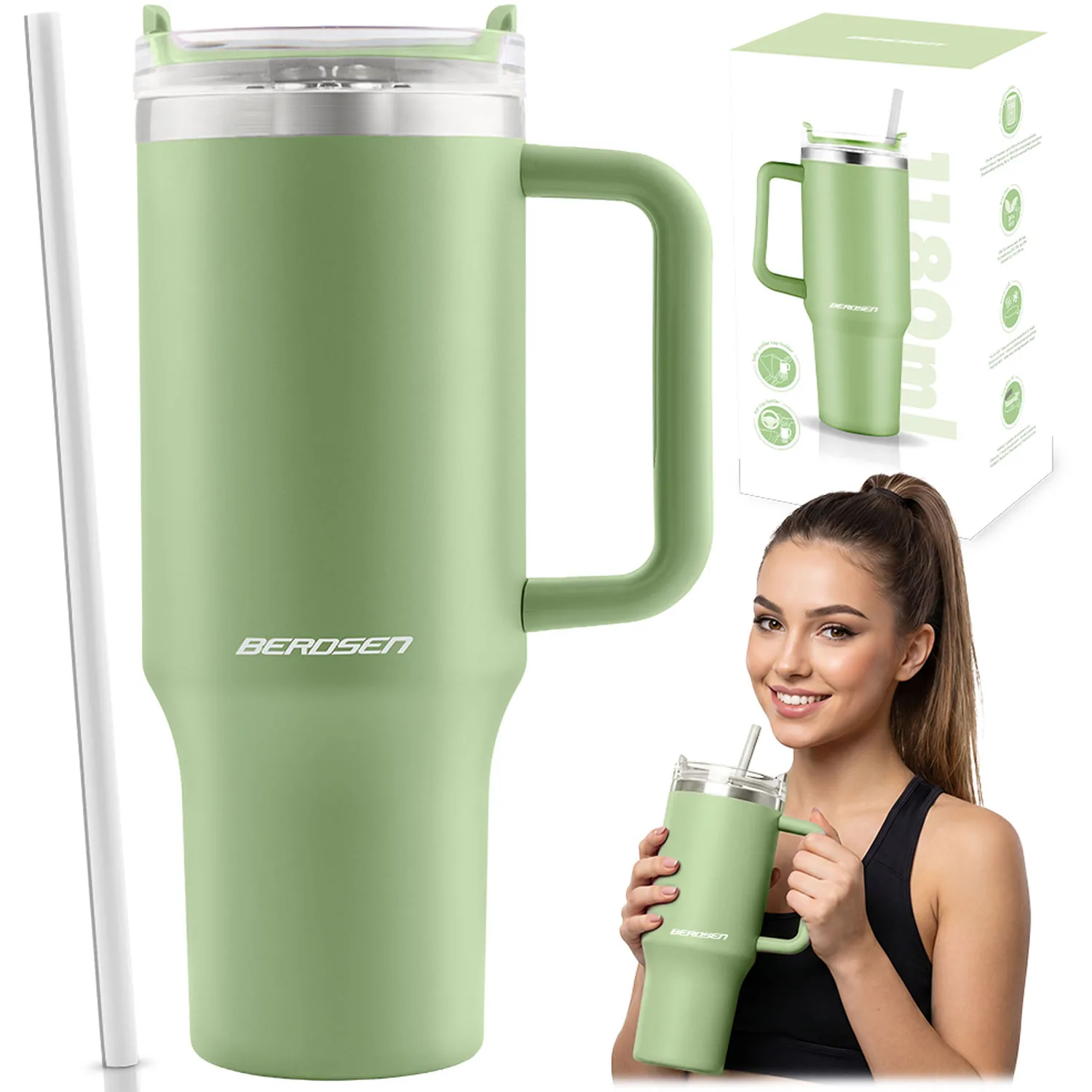 Vákuový termohrnček so slamkou 1180 ml Berdsen zelený