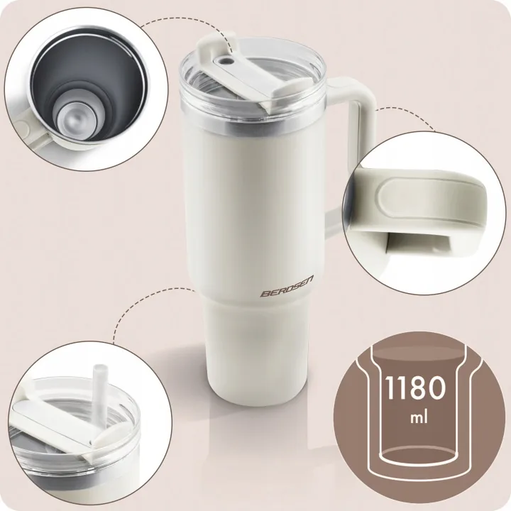 Detail produktu 6: Vákuový termohrnček so sadou slamiek, 1180 ml, Berdsen, krémový