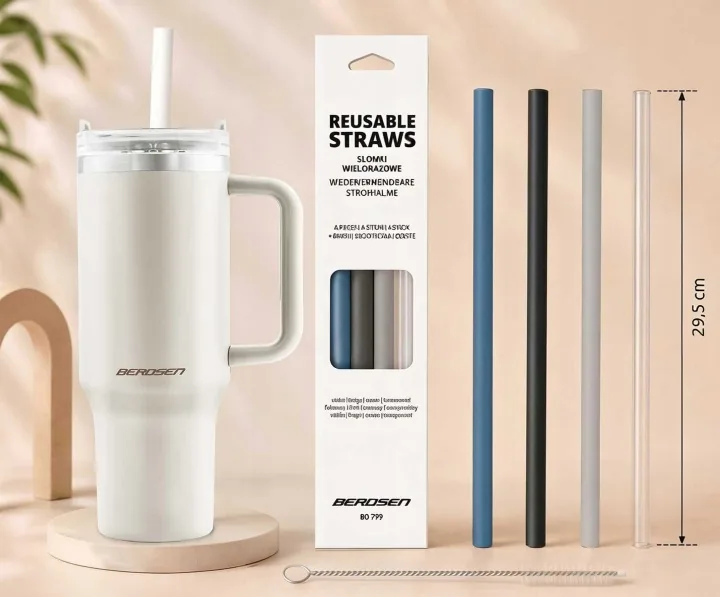 Detail produktu 4: Vákuový termohrnček so sadou slamiek, 1180 ml, Berdsen, krémový