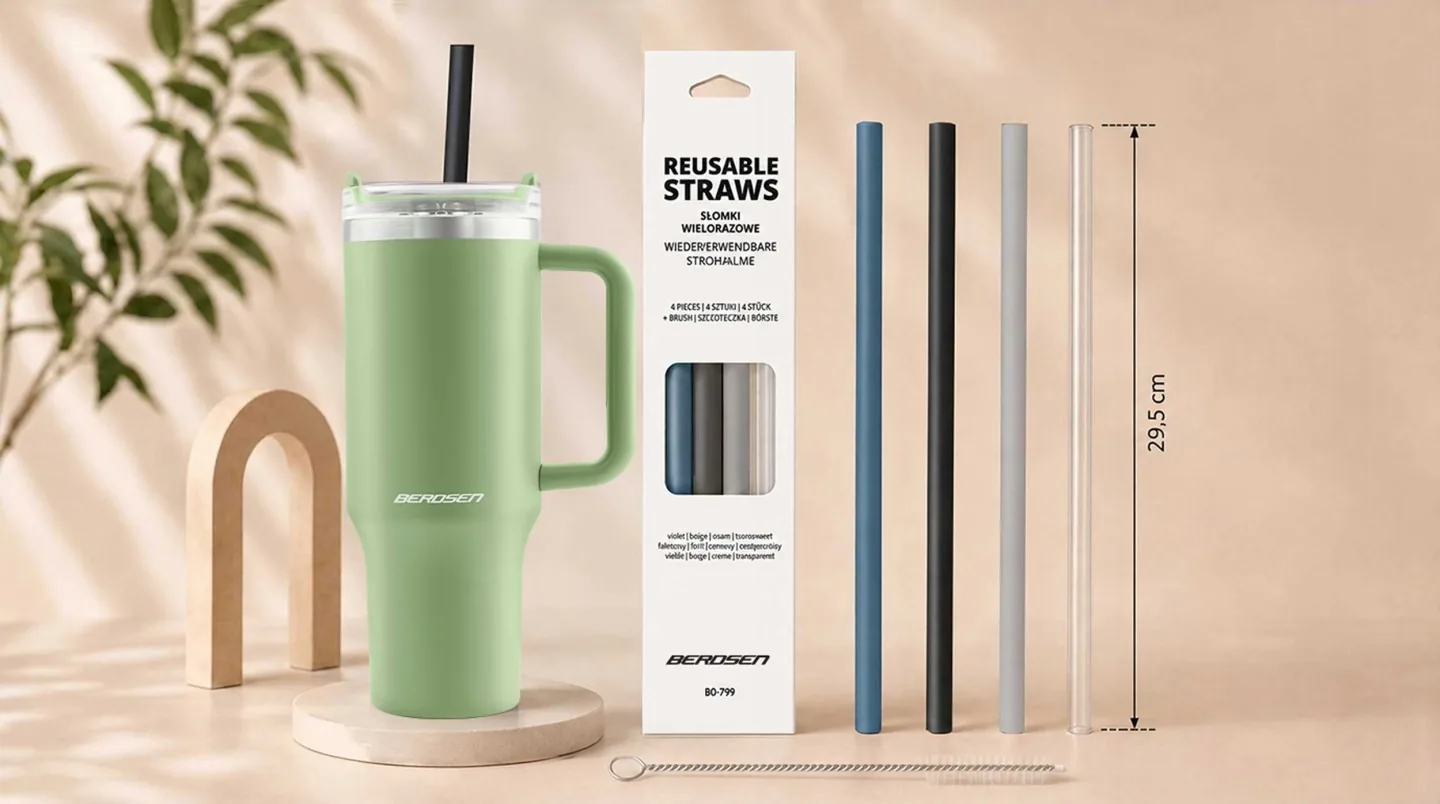 Detail produktu 2: Berdsen náhradné slamky do hrnčeka, plastové, opakovane použiteľné, sada 4 + kefka