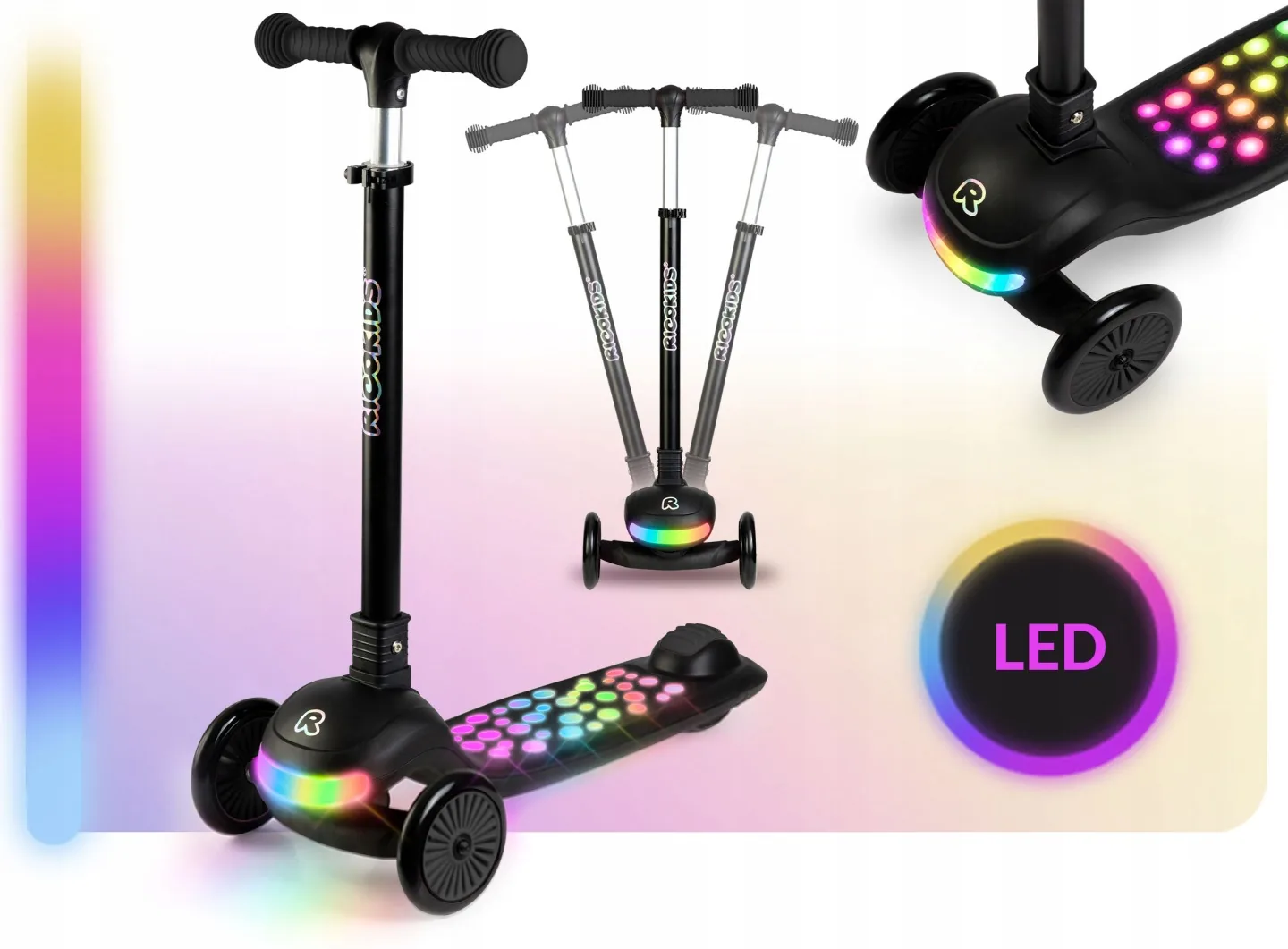 Detail produktu 2: Detská 3-kolesová balančná kolobežka s LED svetlami Ricokids Glowi – čierna