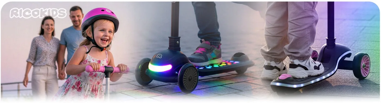 Detská 3-kolesová balančná kolobežka s LED svetlami Ricokids Glowi – čierna