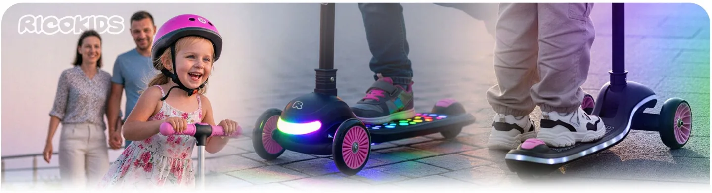 Detská trojkolesová balančná kolobežka s LED svetlami Ricokids Glowi – čierno-ružová