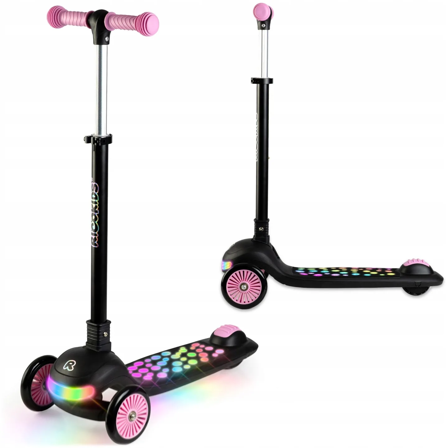 Detail produktu 11: Detská trojkolesová balančná kolobežka s LED svetlami Ricokids Glowi – čierno-ružová